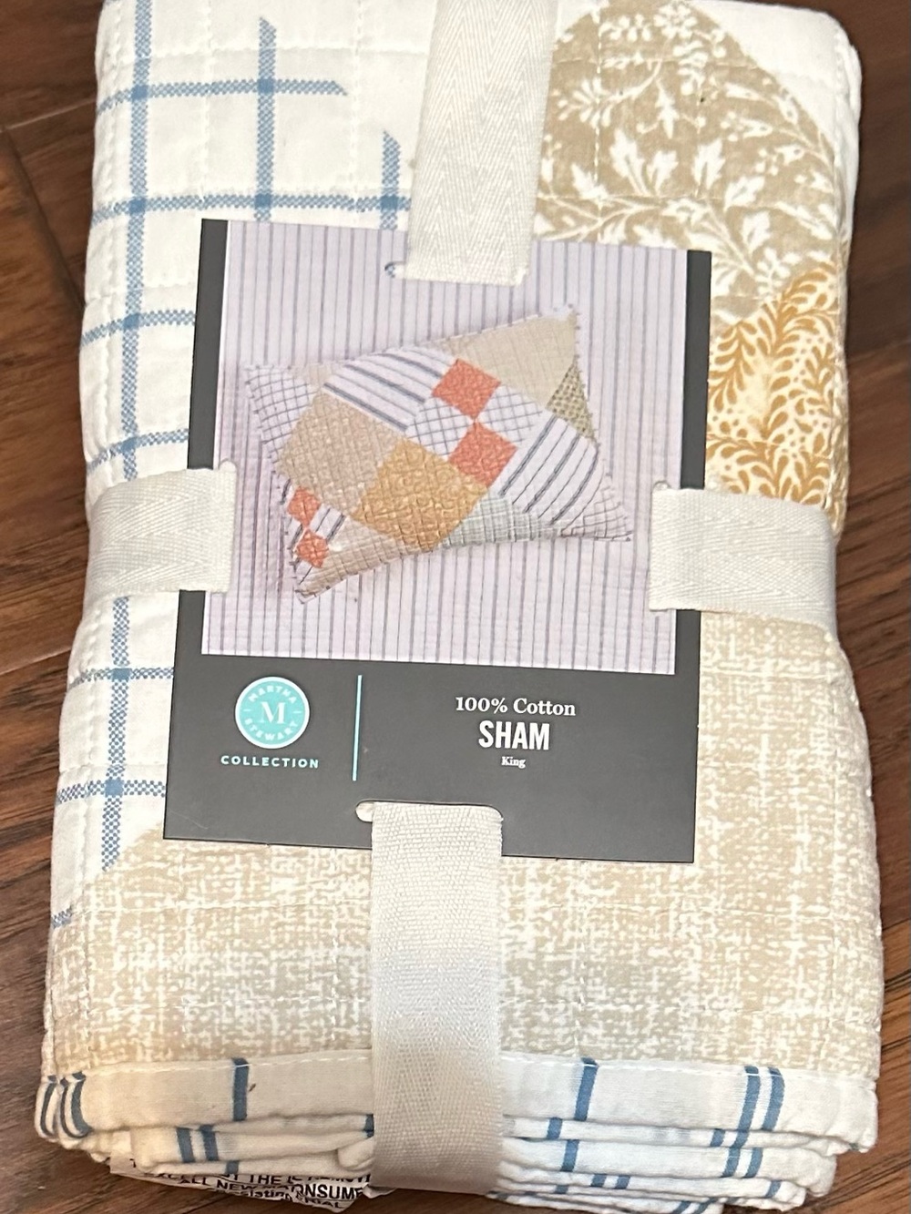Martha Stewart 100% Cotton King  & Standard SHAM Beige Patchwork Beige/Blu NWT